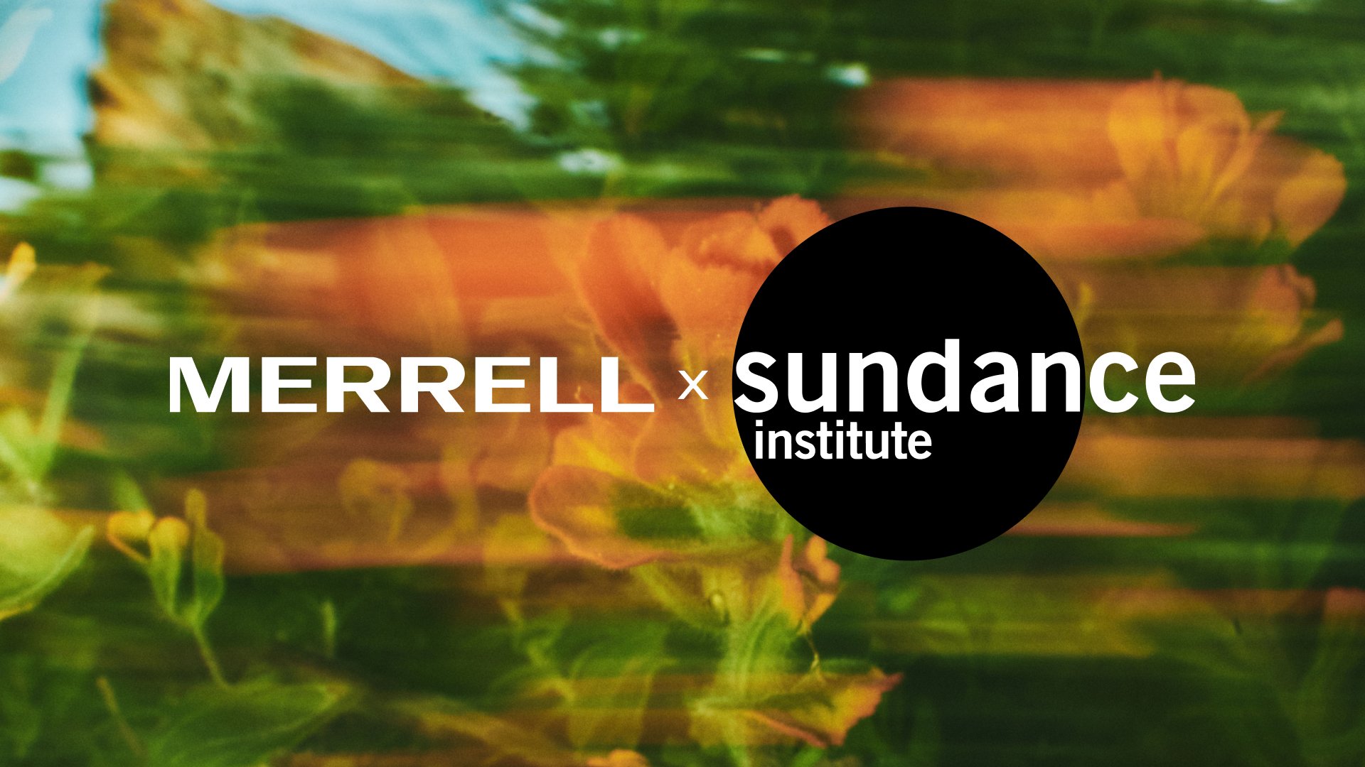 Merrell × Sundance Institute logos over an abstract green and orange outdoor background